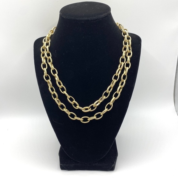 Gold Tone Double Strand Texture Link Necklace - Picture 5 of 8